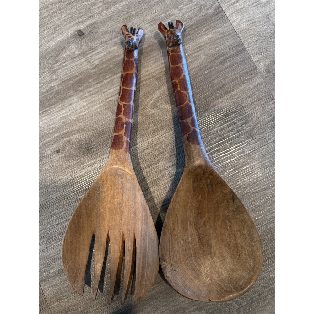Hand Carved Wooden Giraffe‎ Salad Server Set 2 Piece Spoon and Fork Safari Decor